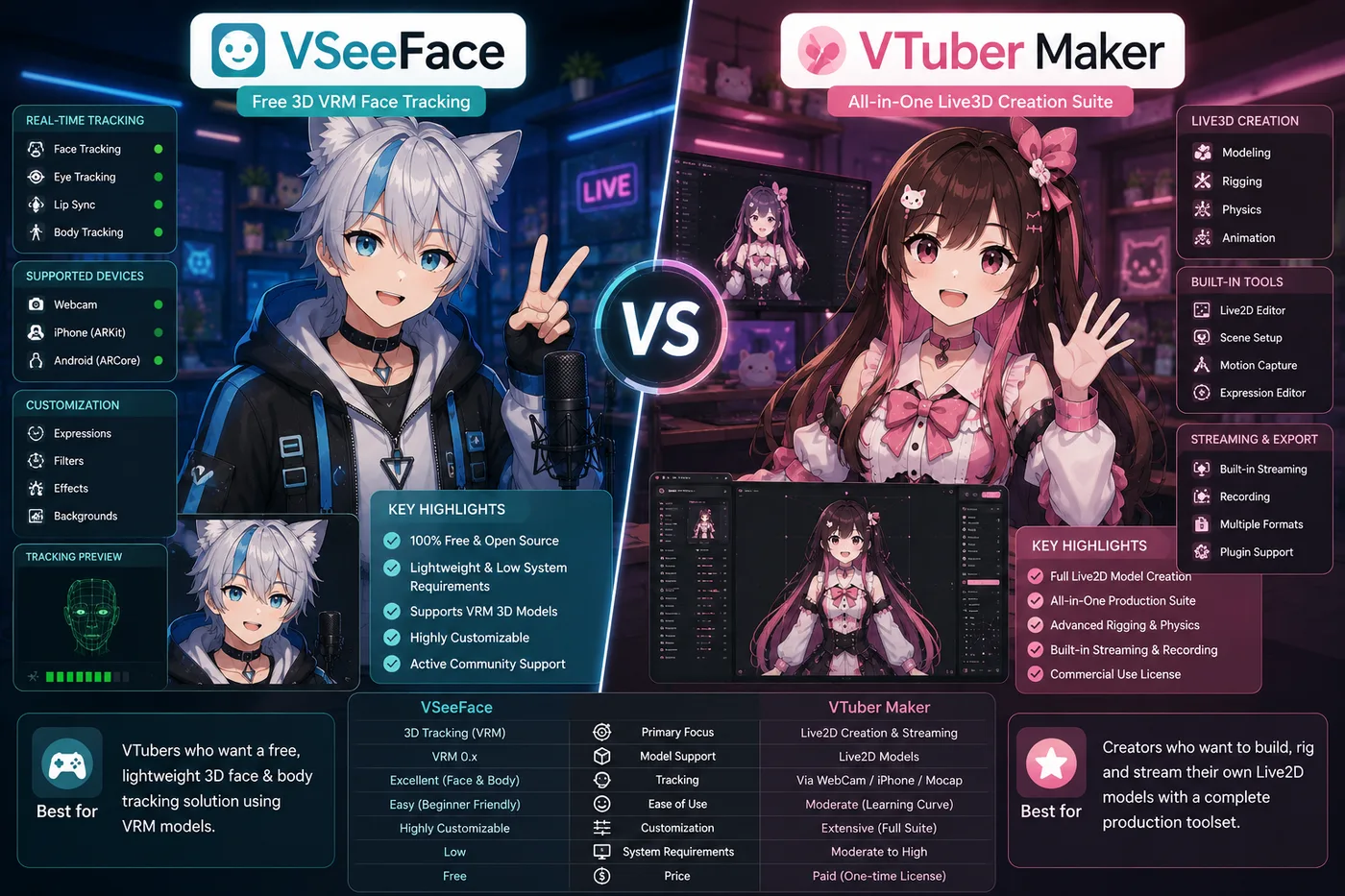 VSeeFace vs VTuber Maker (2026): Free VRM Tracker or Live3D Suite?