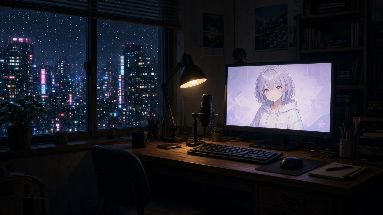 Rainy Tokyo apartment at night with an original virtual YouTuber on a desktop monitor