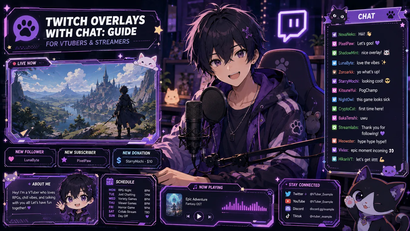 Overlays Twitch com chat: layout de stream para VTubers e streamers indie
