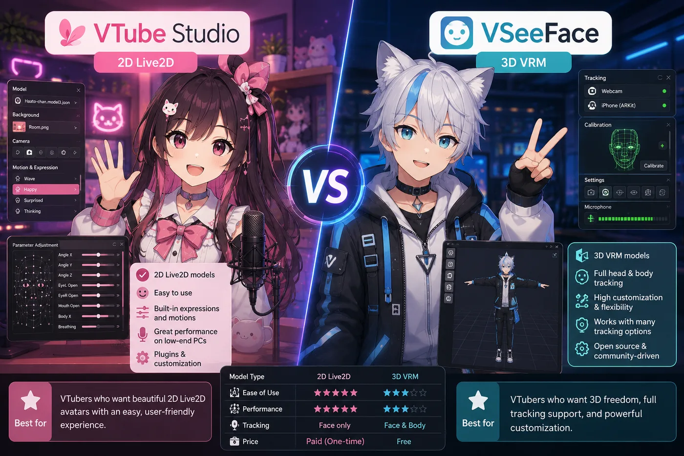 VTube Studio vs VSeeFace (2026): Live2D 2D ou VRM 3D?