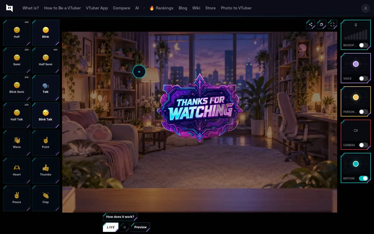 BeTuber live stream screen with a reaction grid, microphone, voice pad, camera, and a scenery stage