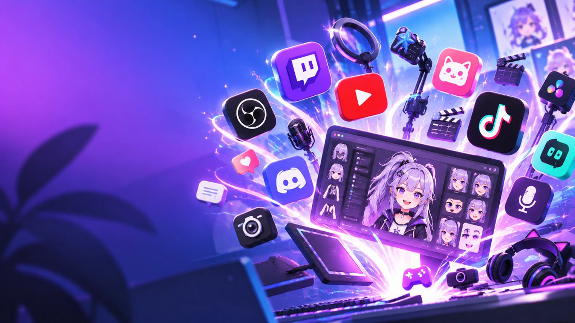 Estúdio VTuber com tablet, OBS, Twitch e YouTube — hub de apps e software VTuber